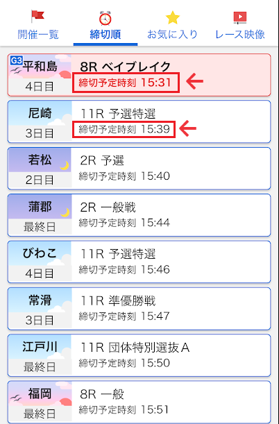 締め切り時間は出走表のページにて確認できる