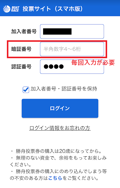 テレボートは毎回暗証番号の入力が必要